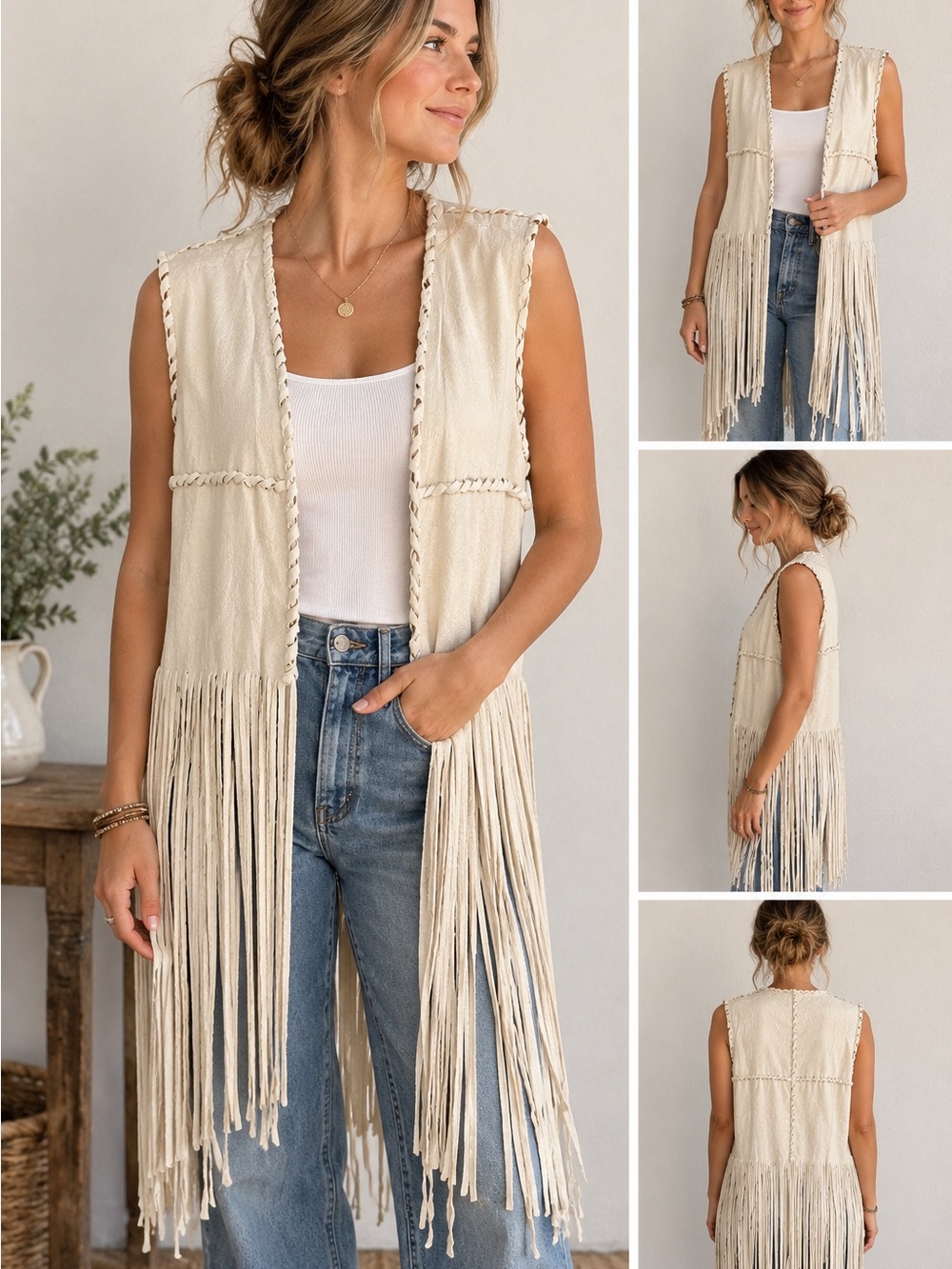Women’s Cream Fringe Vest - Lightweight Boho Layer
